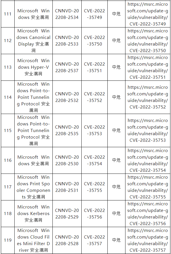 信息安全漏洞月報（2022年8月）表8-16